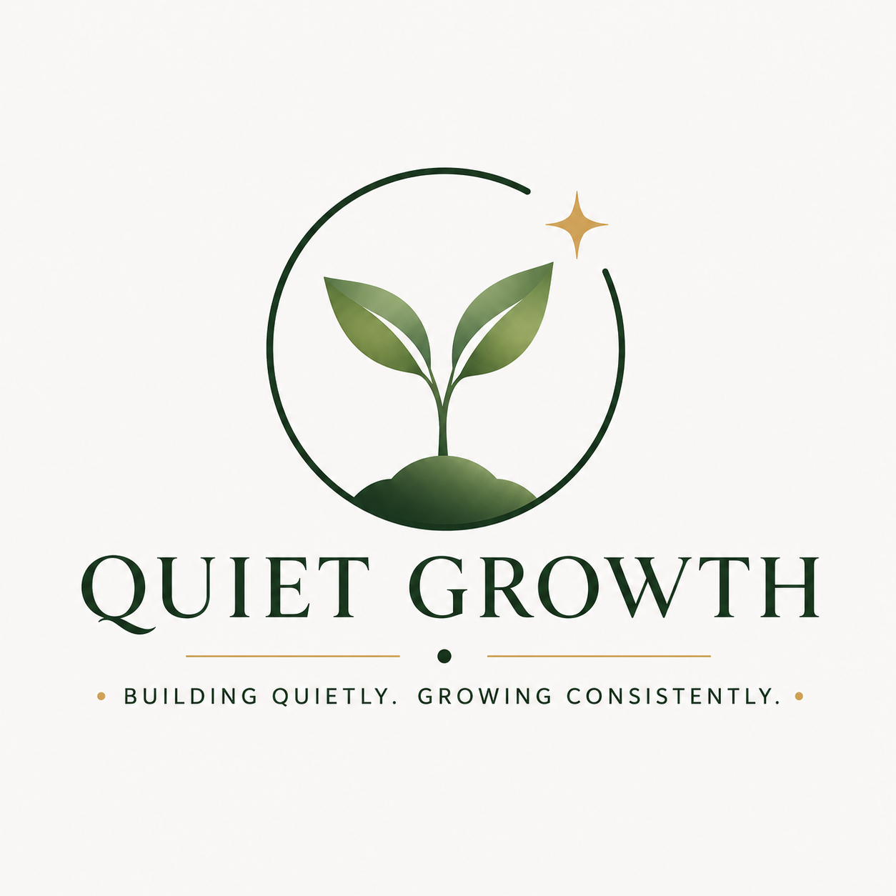 Quiet Growth logo featuring a growing plant with soil and sunlight, representing consistent growth and learning.